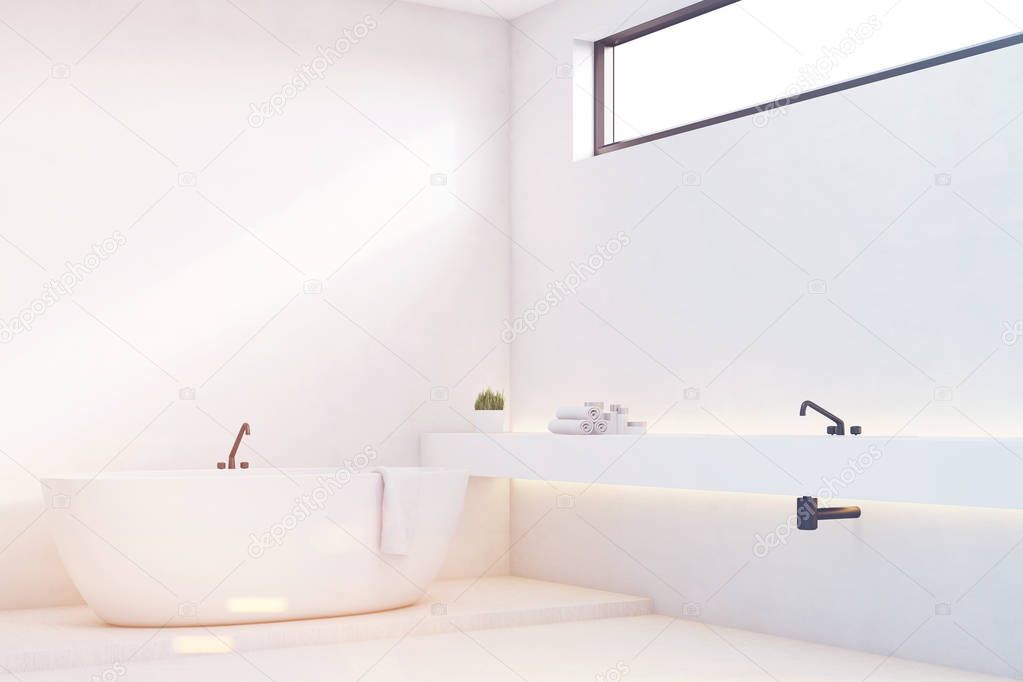 Luxury bathroom with white walls, corner, toned