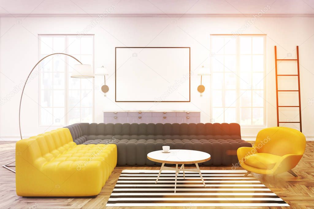 Modern lounge interior, poster, gray sofa, toned