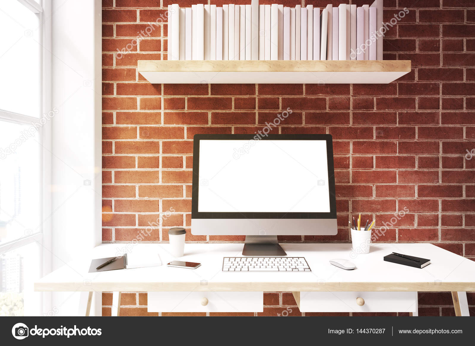 White Computer Screen Against Brick Wall Front Stock Photo White Computer Screen Against Brick Wall Front Stock Photo