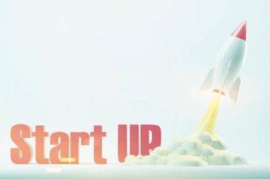 Çizgi film roket uzay gemisi, beyaz mavi arka plan