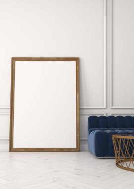 Dikey poster, kanepe, beyaz duvar yakın çekim