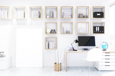 Resepsiyon bir ev ofis bilgisayarı ile poster