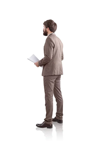 Businessman holding notes. Side view, isolated — Stock Photo, Image