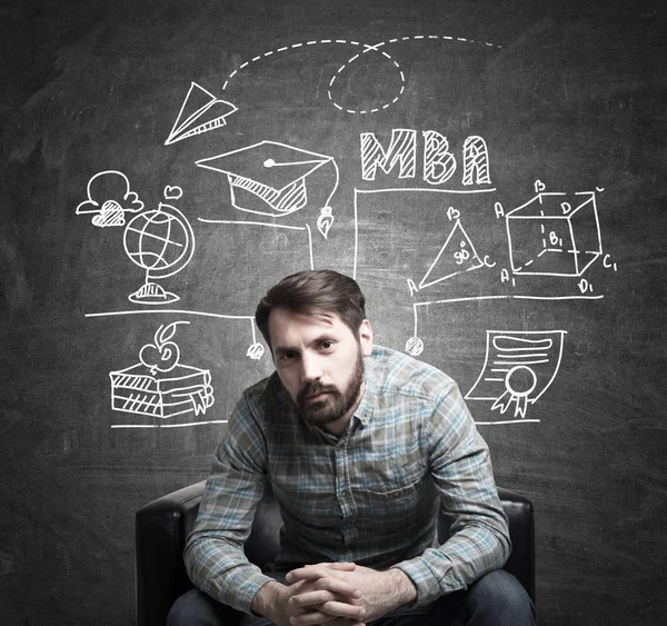 Bearded guy and MBA sketch, blackboard — Stock Photo, Image