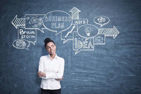 African woman and business scheme on blackboard — Stock Photo, Image