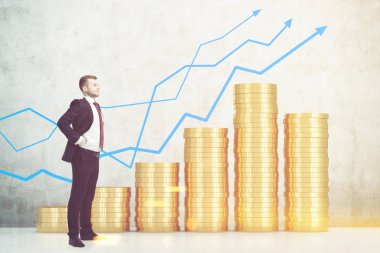 Ağaç grafikler, paralar, adamla yan görünüm tonda