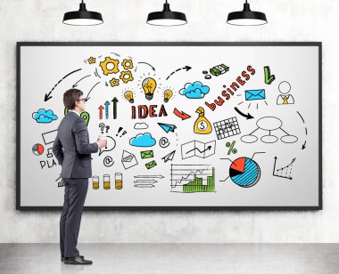 Adamla kahve ile bir iş planı, beyaz tahta