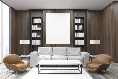 CEO office koyu ahşap duvarlar, koltuklar ile