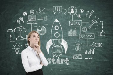 Düşünceli sarışın kadın ve roket kroki