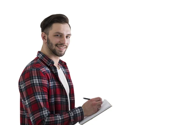 Hipster man met een laptop, geïsoleerd — Stockfoto