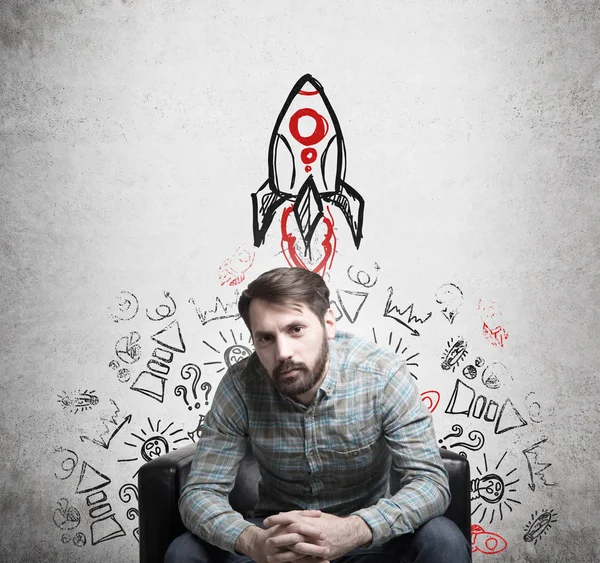 Bearded guy and rocket sketch — Stock Photo, Image