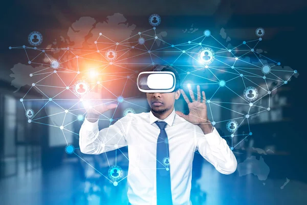 African man in vr glasses and a network