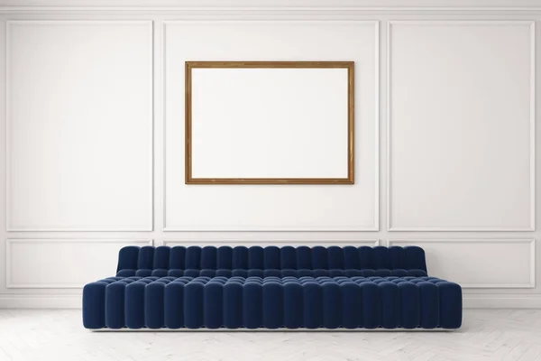 Синий диван на белой стене, плакат — стоковое фото