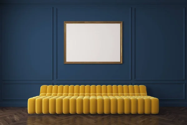 Yellow sofa against dark blue wall, poster — Stock Photo, Image