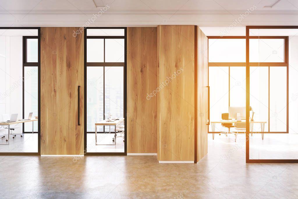 Glass and wooden walls office lobby, toned