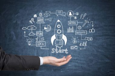 Adam el ve roket mavi kara tahta kroki