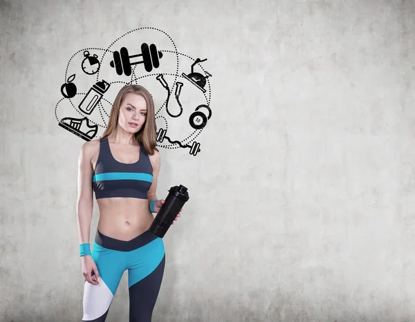 Girl with yoga mat and sport icons — Stock Photo, Image