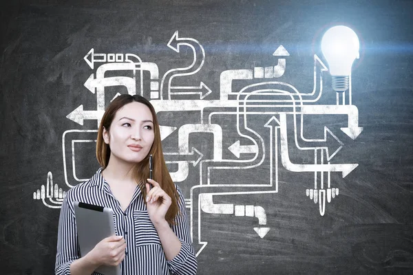 Asian woman with a tablet and arrows, light bulb — Stock Photo, Image