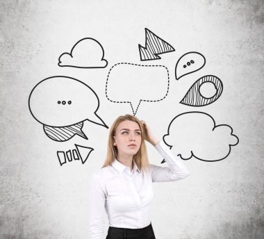 Kadın baş ve konuşma kabarcıklar tırmalamak