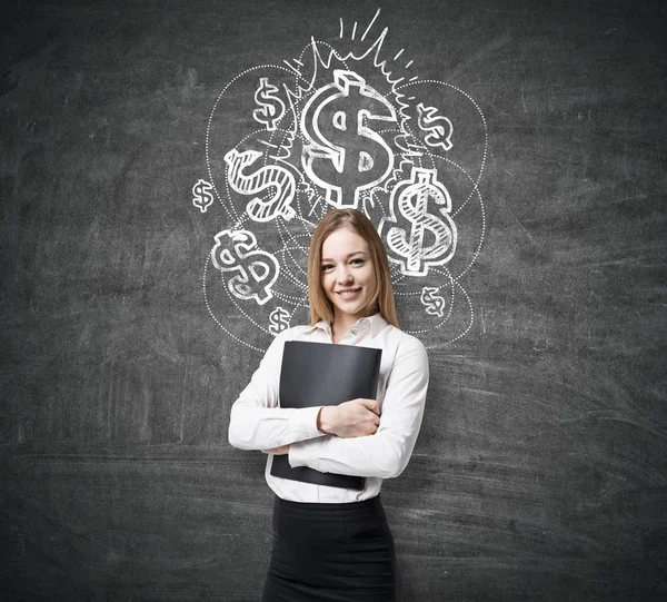 Blond meisje in wit shirt en glanzende dollartekens — Stockfoto