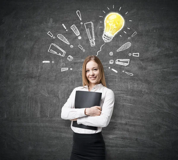 Woman with folder, bulb and exclamation — Stock Photo, Image