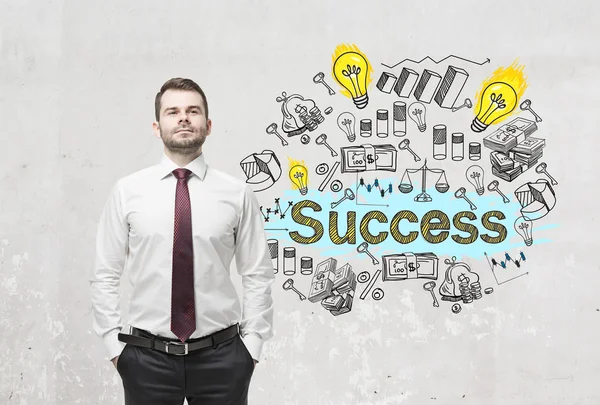 Confident bearded man and success icons — Stock Photo, Image