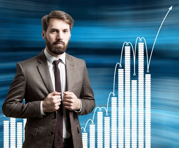 Bearded man and graph on blue — Stock Photo, Image