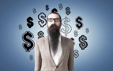 Adam uzun sakal ve mavi dolar işaretleri