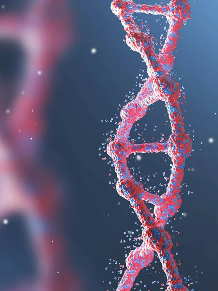 Primo piano della catena di DNA rosso sullo sfondo blu — Foto Stock