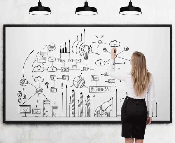 Woman drawing a business scheme on whiteboard — Stock Photo, Image