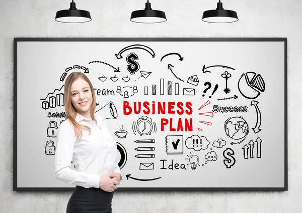 Smiling blond woman and business sketch — Stock Photo, Image