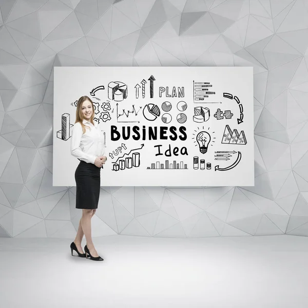 Positive blond girl and a business idea on poster — Stock Photo, Image