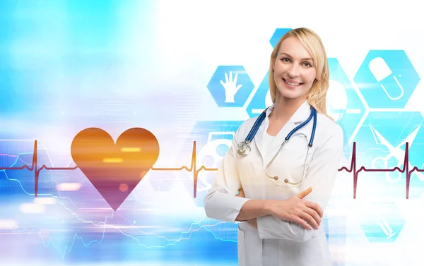 Mulher loira cardiologista e ícones médicos — Fotografia de Stock