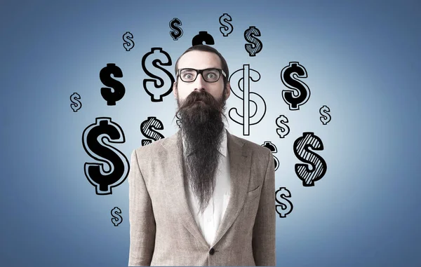 Człowiek z długą brodę i dolar znaki na niebiesko — Zdjęcie stockowe
