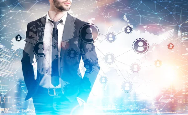 Close up of man in suit and network sketch — Stock Photo, Image