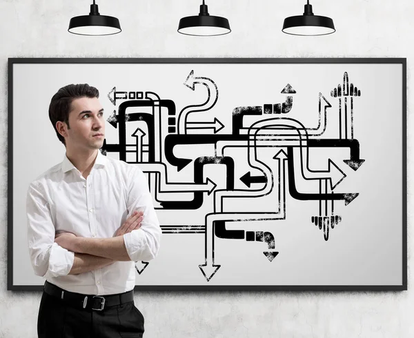 Young businessman and arrow maze — Stock Photo, Image