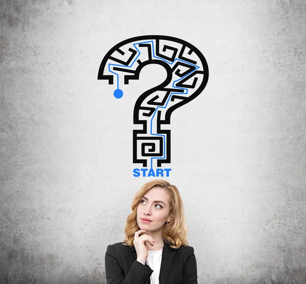 Red haired woman and question maze — Stock Photo, Image