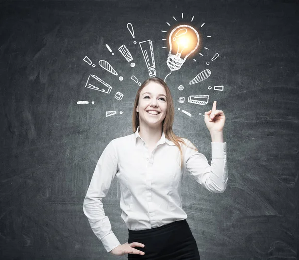 Positive woman, light bulb and exclamations — Stock Photo, Image