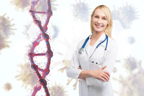 Donna bionda medico e un DNA con virus — Foto Stock