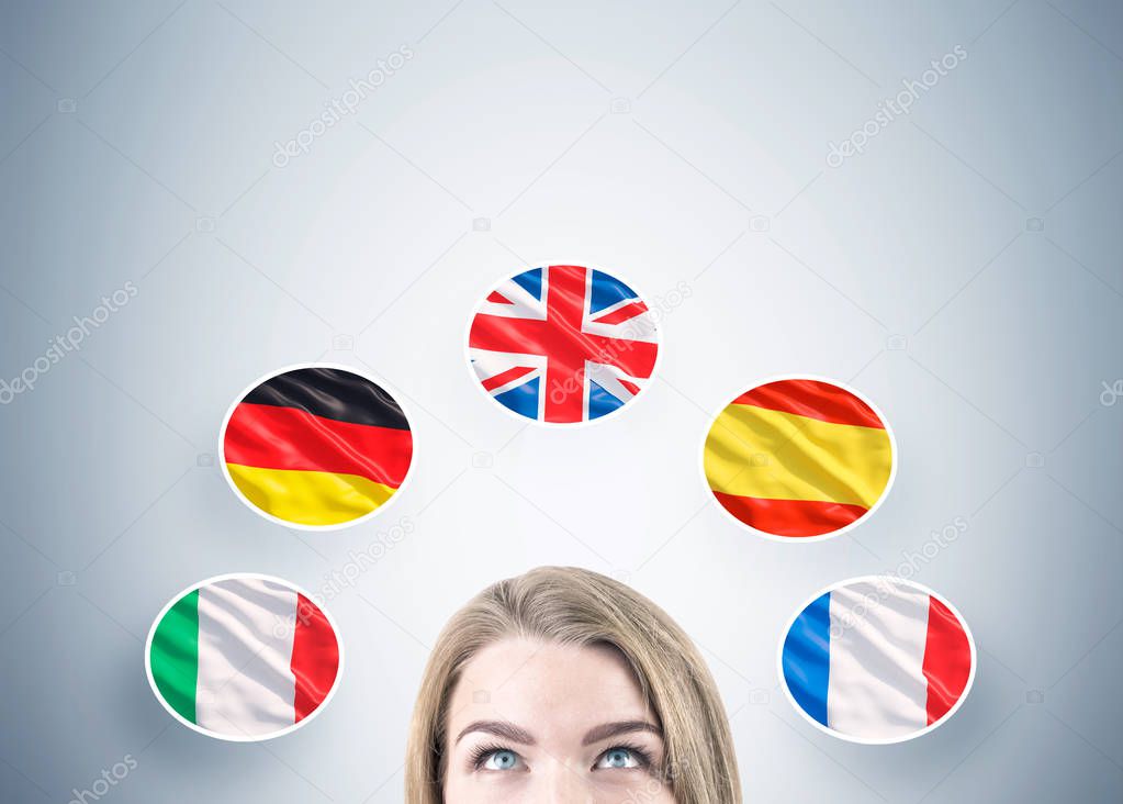 Head of blond woman and five flags
