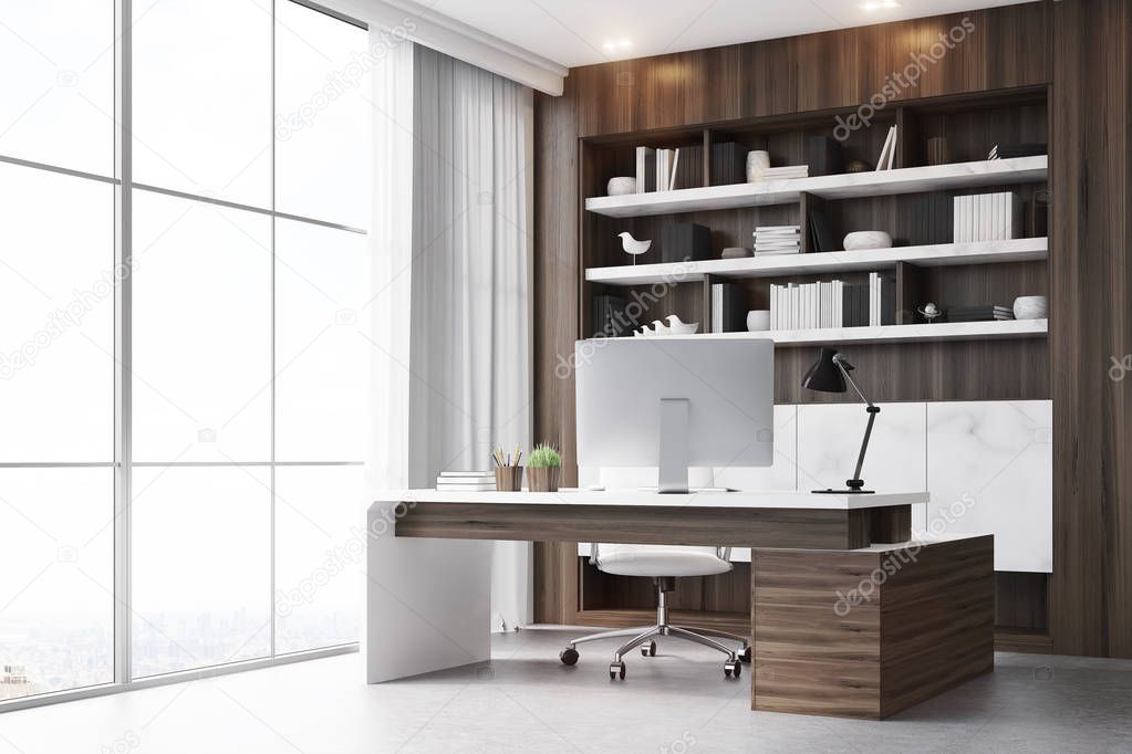 Dark wooden workplace with table, corner