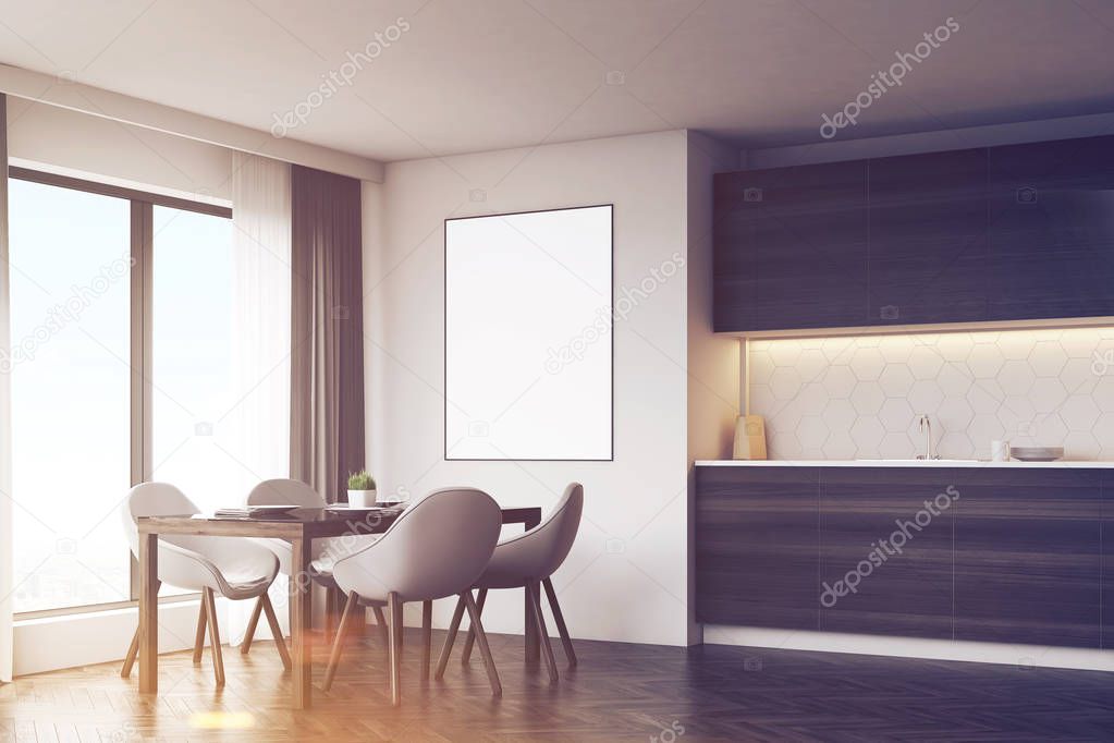 Dark kitchen with table and poster, side, toned