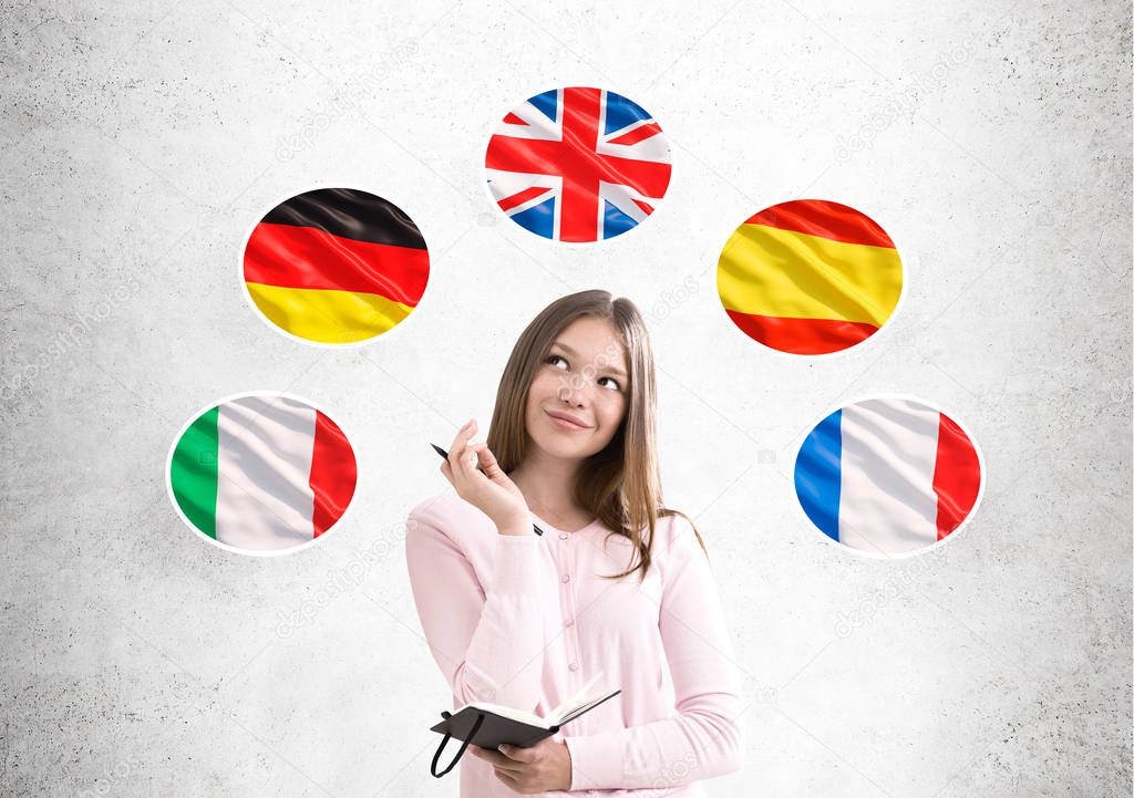 Woman in pink and country flags