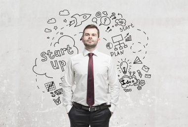 Kendine güvenen sakallı adam ve simgeleri Başlat