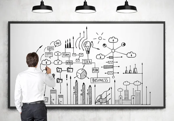 Man business regeling puttend uit whiteboard — Stockfoto