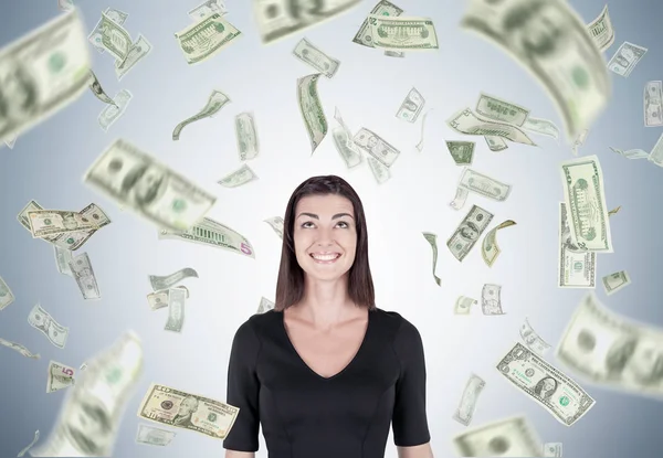 Happy black haired woman and dollar rain — Stock Photo, Image