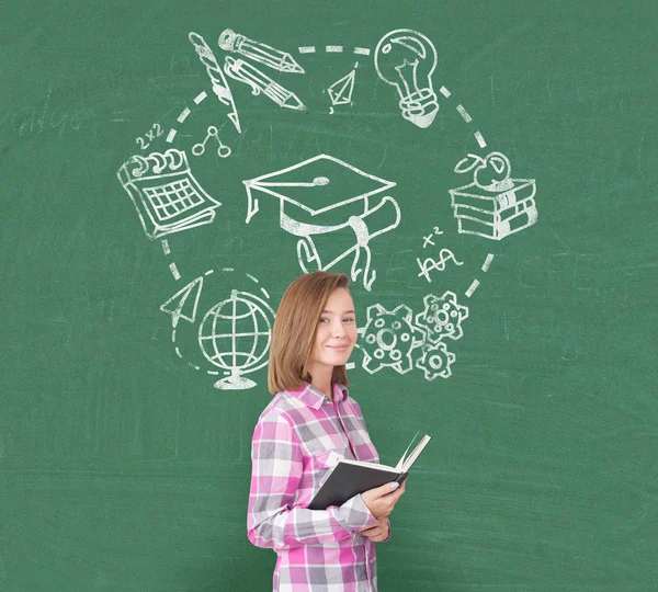 Girl in pink and education, green — Stock Photo, Image