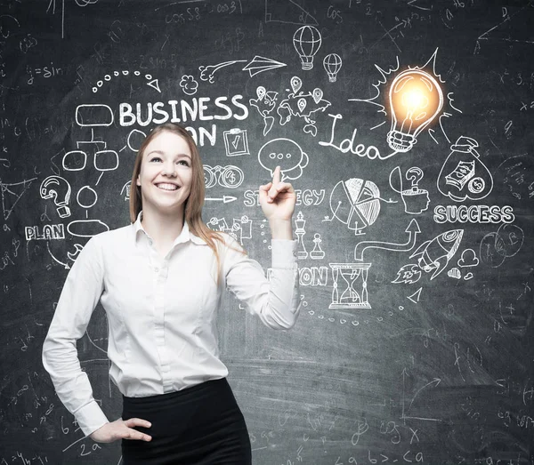 Positive woman and a business plan — Stock Photo, Image