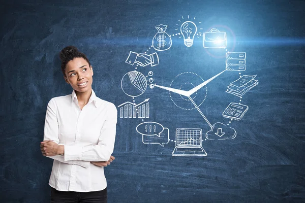 African American girl and business clock, blue — Stock Photo, Image