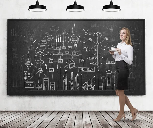 Girl with coffee and business plan — Stock Photo, Image